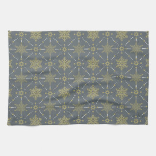 Grey and Gold Snowflakes Christmas Pattern Tea Towel