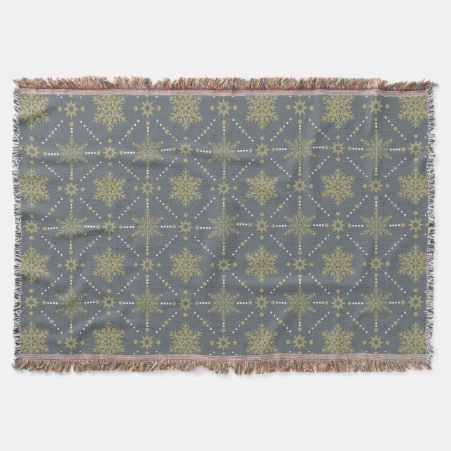 Grey and Gold Snowflakes Christmas Pattern Throw Blanket (Front)