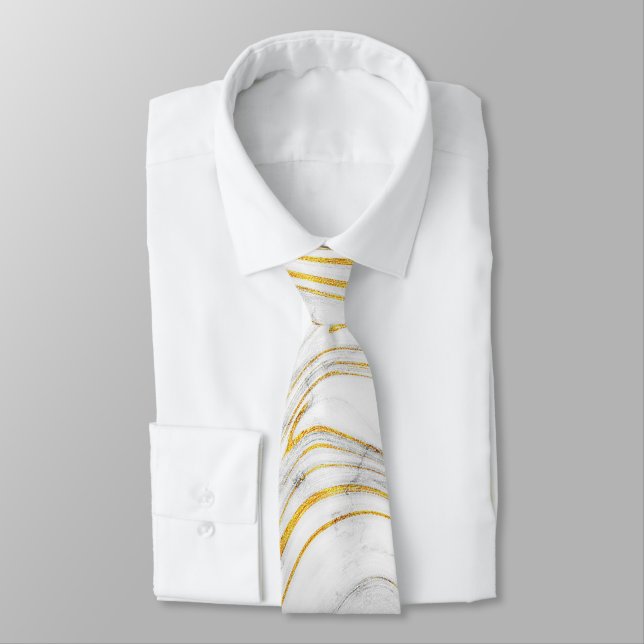 Grey and Gold Texture on Chic White Marble Tie (Tied)