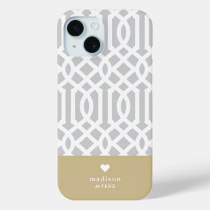 Grey and Gold Trellis Heart Monogram iPhone 15 Case