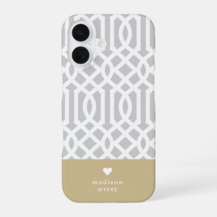 Grey and Gold Trellis Heart Monogram iPhone 16 Case