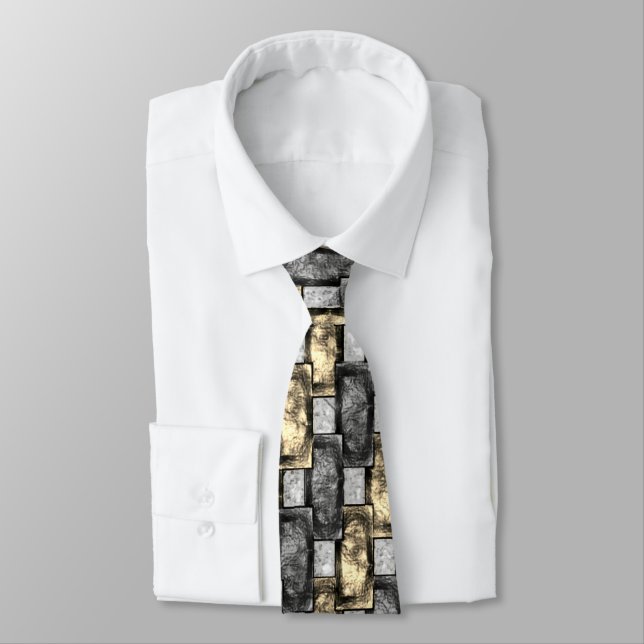 Grey and golden stain, carved rectangular pieces tie (Tied)