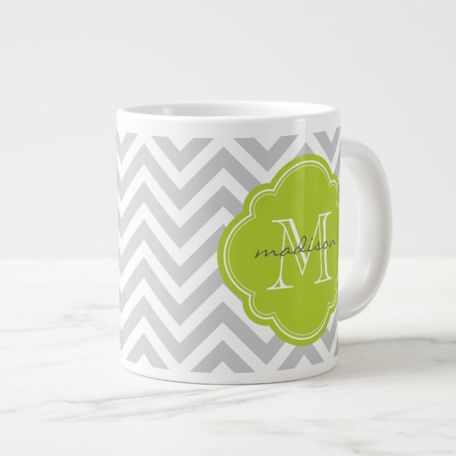 Grey and Green Chevron Custom Monogram Large Coffee Mug (Front Right)