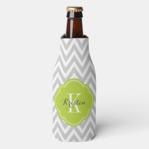 Grey and Green Chevron Monogram Bottle Cooler