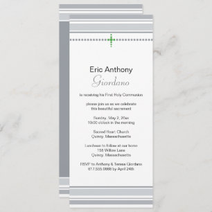 Grey and Green Cross First Communion Invitation