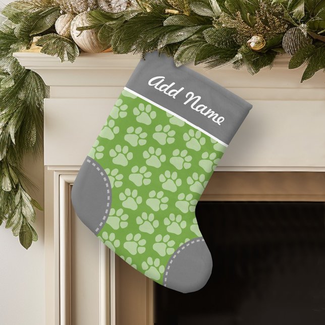 Grey and Green Dog Paw Print Pattern Custom Name Small Christmas Stocking (Personalized Christmas Stocking)
