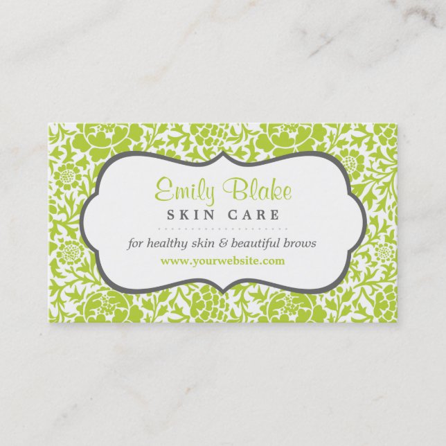 Grey and Green Floral Damask Appointment Card (Front)
