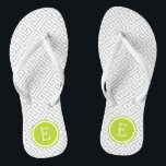 Grey and Green Greek Key Monogram Thongs<br><div class="desc">Custom printed flip flop sandals with a stylish modern Greek key pattern and your custom monogram or other text in a circle frame. Click Customise It to change text fonts and colours or add your own images to create a unique one of a kind design!</div>