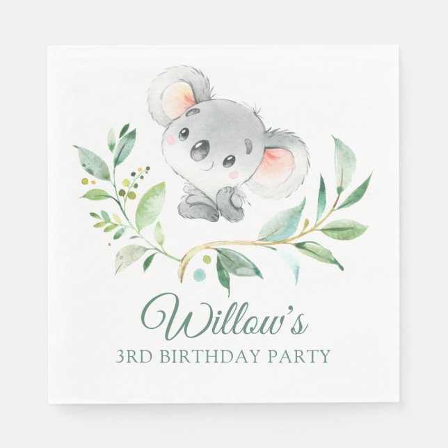 Grey and Green Koala Birthday Party Gender Neutral Napkin (Front)