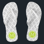 Grey and Green Moroccan Quatrefoil Monogram Thongs<br><div class="desc">Custom printed flip flop sandals with a stylish Moroccan quatrefoil pattern and your custom monogram or other text in a circle frame. Click Customise It to change text fonts and colours or add your own images to create a unique one of a kind design!</div>