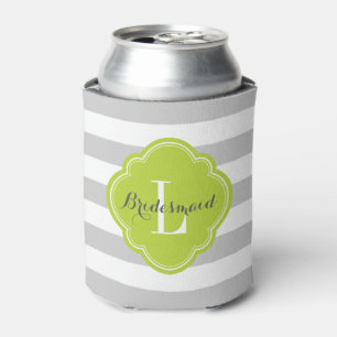 Grey and Green Preppy Stripes Monogram Can Cooler