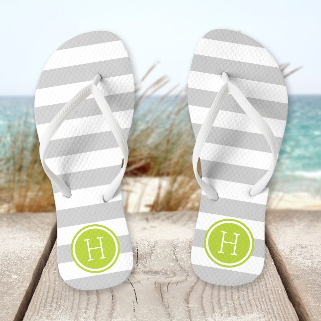 Grey and Green Preppy Stripes Monogram Thongs (Creator Uploaded)