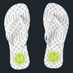 Grey and Green Trellis Monogram Thongs<br><div class="desc">Custom printed flip flop sandals with a stylish modern trellis pattern and your custom monogram or other text in a circle frame. Click Customise It to change text fonts and colours or add your own images to create a unique one of a kind design!</div>