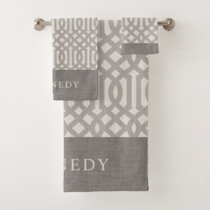 Grey and Ivory Trellis Monogram Modern Farmhouse Bath Towel Set