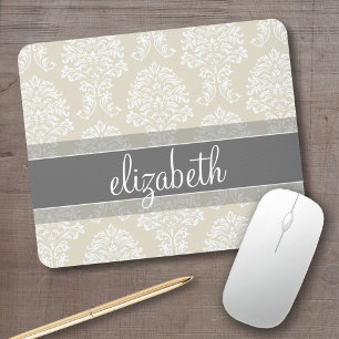 Grey and Ivory Vintage Damask Pattern with Name Mouse Pad