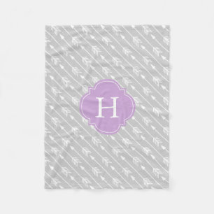 Grey and Lavender Monogrammed Arrows Pattern Fleece Blanket