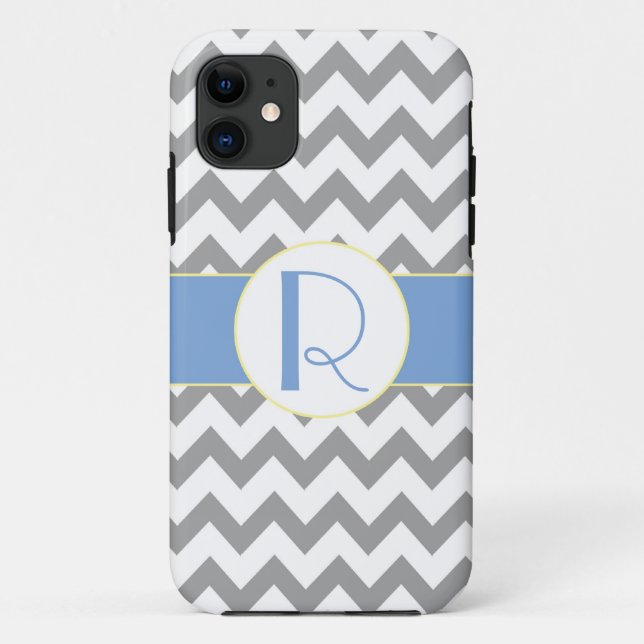 Grey and Light Blue Chevron Striped Monogram Case-Mate iPhone Case (Back)