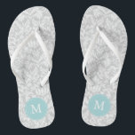 Grey and Light Blue Damask Pattern Monogrammed Thongs<br><div class="desc">Fun and trendy geometric pattern and monogram design. Perfect for brides,  bridesmaids,  bridal parties,  birthdays,  summer gifts,  etc.</div>