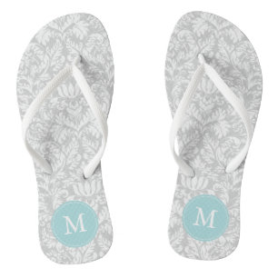 Grey and Light Blue Damask Pattern Monogrammed Thongs