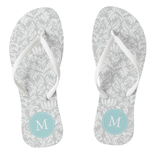Grey and Light Blue Damask Pattern Monogrammed Thongs (Footbed)