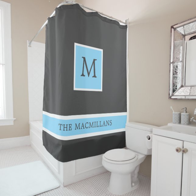 Grey and Light Blue Monogram with Stripes  Shower  Shower Curtain (In Situ)