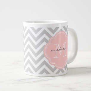 Grey and Light Pink Chevron Custom Monogram Large Coffee Mug