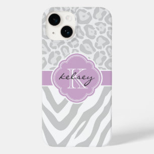 Grey and Lilac Animal Print Monogram Case-Mate iPhone 14 Case
