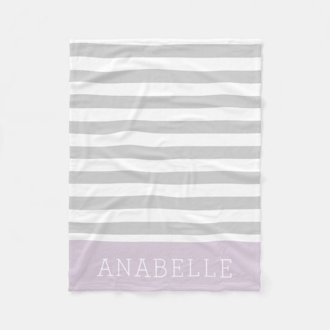 Grey and Lilac Stripes Monogram | Editable Colours Fleece Blanket (Front)