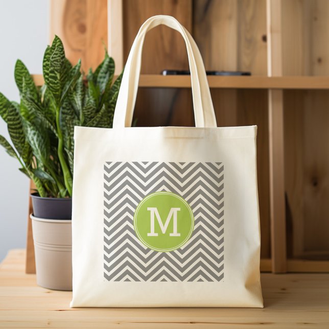 Grey and Lime Chevrons with Custom Monogram Tote Bag (Personalized tote bag with chevrons and monogram)