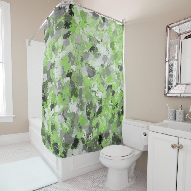 Grey and Lime Green Paintballs Shower Curtain (In Situ)