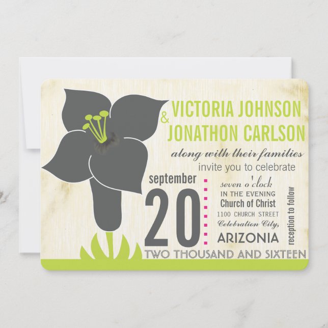 Grey and Lime Vintage Modern Lily Wedding Invite (Front)