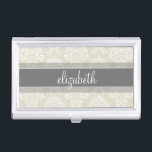 Grey and Linen Vintage Damask Pattern with Name Business Card Holder<br><div class="desc">Show off your style with an elegant pattern with a classy font designed for a feminine woman. Add your name or monogram. If you need to make adjustments to the artwork,  click on the customise it button to make changes.</div>