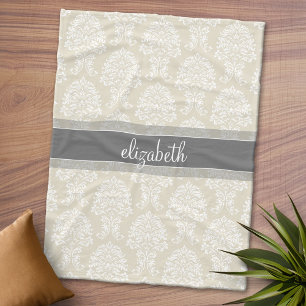 Grey and Linen Vintage Damask Pattern with Name Fleece Blanket