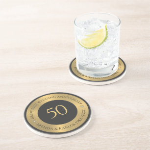 Grey and metallic gold 50th wedding Anniversary Coaster