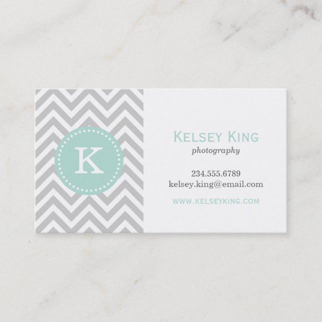 Grey and Mint Chevron Custom Monogram Business Card (Front)