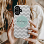 Grey and Mint Chevron Custom Monogram iPhone 16 Case<br><div class="desc">Cute and girly design with a modern preppy zigzag chevron pattern,  personalised with your custom monogram name and initial in a chic circle frame. Click Customise It to change the monogram text fonts and colours to create your own one of a kind design. Adorable and unique gifts!</div>