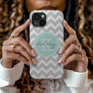 Grey and Mint Chevron Custom Monogram iPhone 15 Case