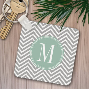 Grey and Mint Green Chevron Pattern with Monogram Key Ring