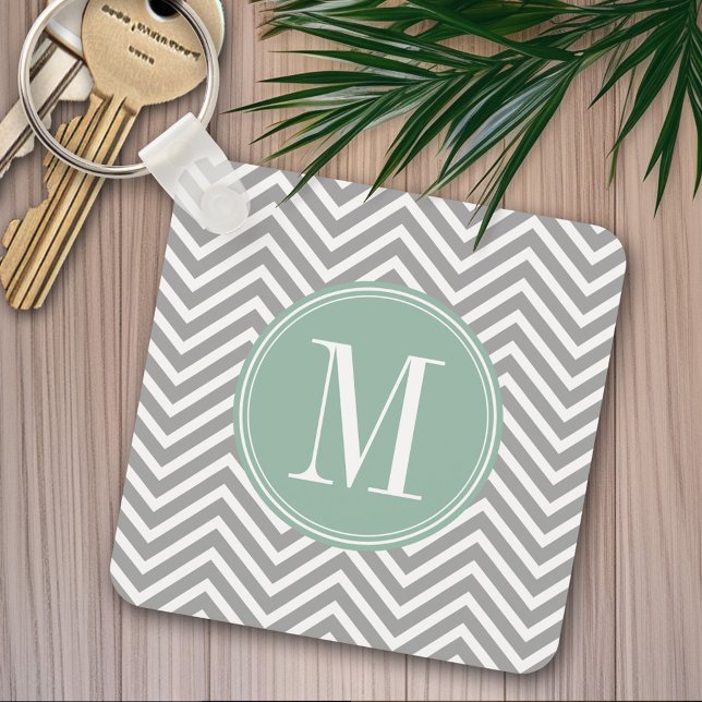 Grey and Mint Green Chevron Pattern with Monogram Key Ring (Personalized keychain - Add Name or Monogram)