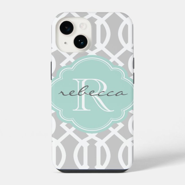 Grey and Mint Modern Trellis Custom Monogram iPhone Case (Back)