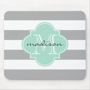 Grey and Mint Nautical Stripes Custom Monogram Mouse Pad