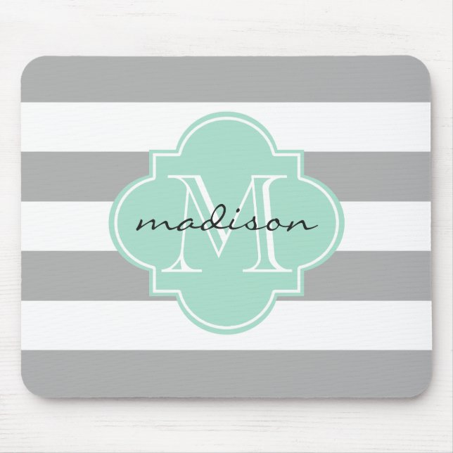 Grey and Mint Nautical Stripes Custom Monogram Mouse Pad (Front)