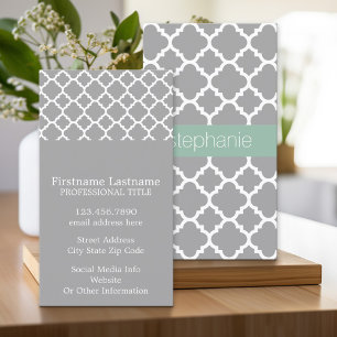 Grey and Mint Quatrefoil Pattern Custom Name Business Card