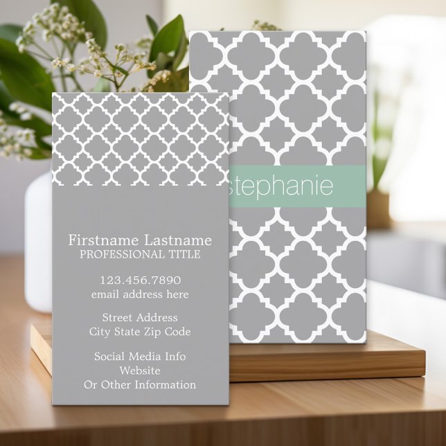 Grey and Mint Quatrefoil Pattern Custom Name Business Card (Custom Printed Business Card)
