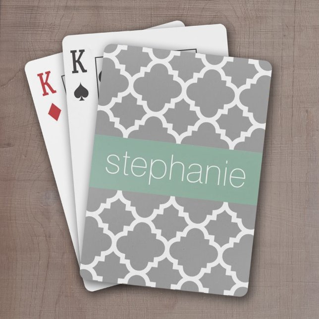 Grey and Mint Quatrefoil Pattern Custom Name Playing Cards (Add a name or monogram to these personalized poker cards.)