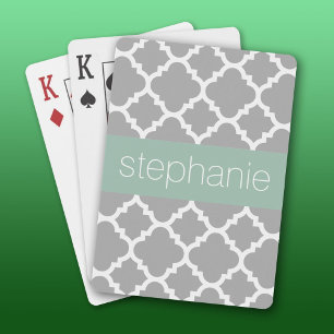 Grey and Mint Quatrefoil Pattern Custom Name Playing Cards