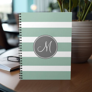Grey and Mint Striped Pattern with Monogram Notebook
