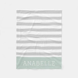 Grey and Mint Stripes Monogram Editable Colours Fleece Blanket