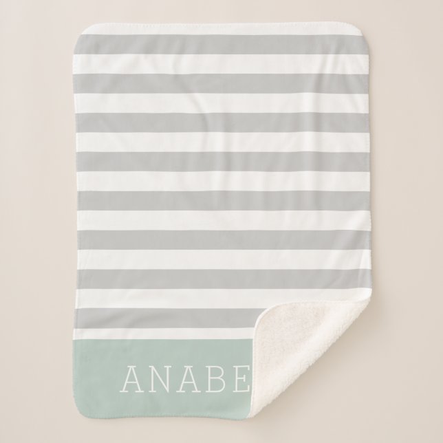 Grey and Mint Stripes Monogram | Editable Colours Sherpa Blanket (Front)