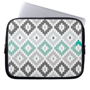 Grey and Mint Tribal Print Ikat Diamond Pattern Laptop Sleeve